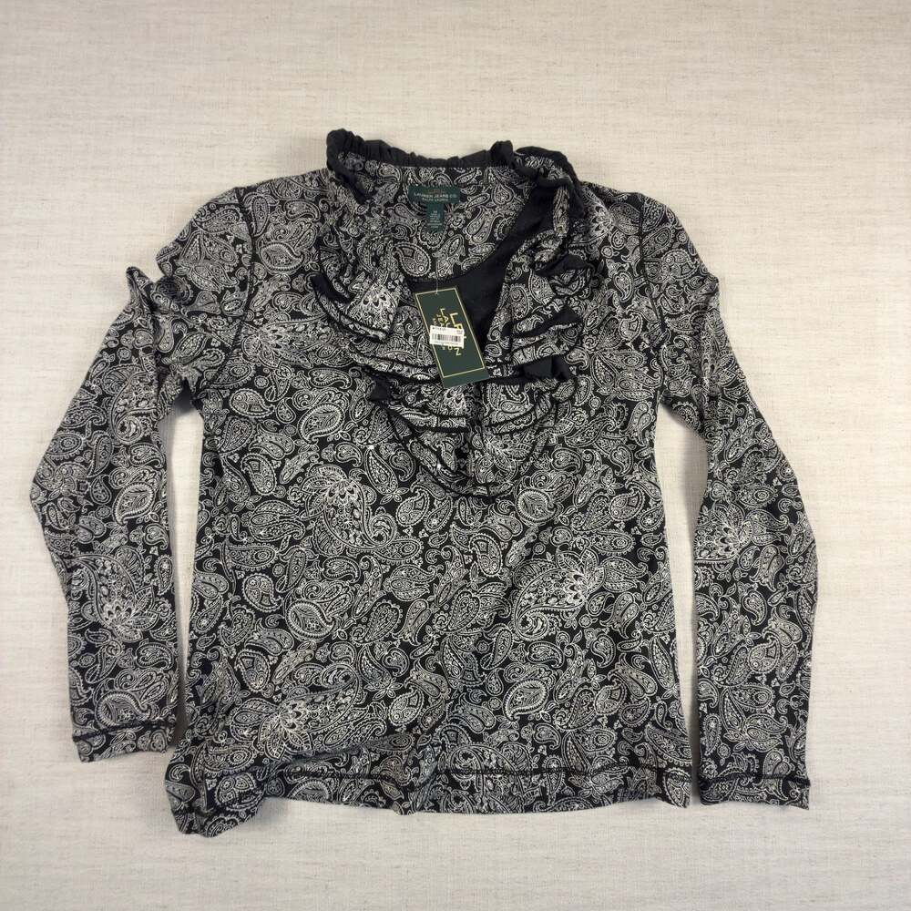 Lauren Ralph Lauren Paisley Ruffle Neck Long Sleeve Top Size M